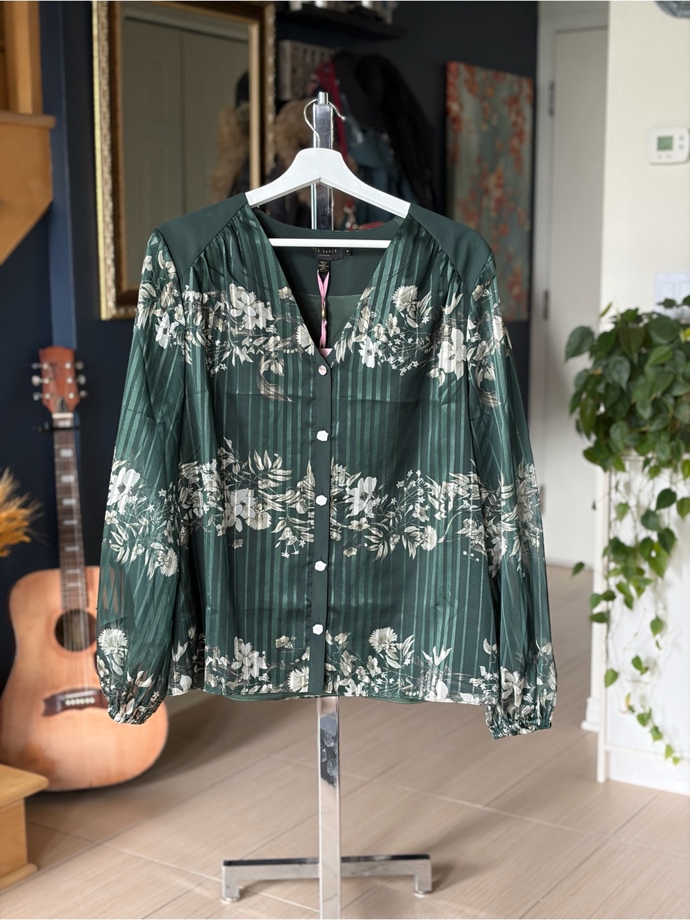 Ted Baker Dark Green Floral Button-Up Blouse